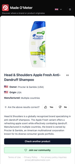 Die App Made O'Meter zeigt an, woher ein Produkt stammt - inklusive Aufschlüsselung nach Herkunft der Marke und Besitzer. (Bild: Made O'Meter/Play Store)